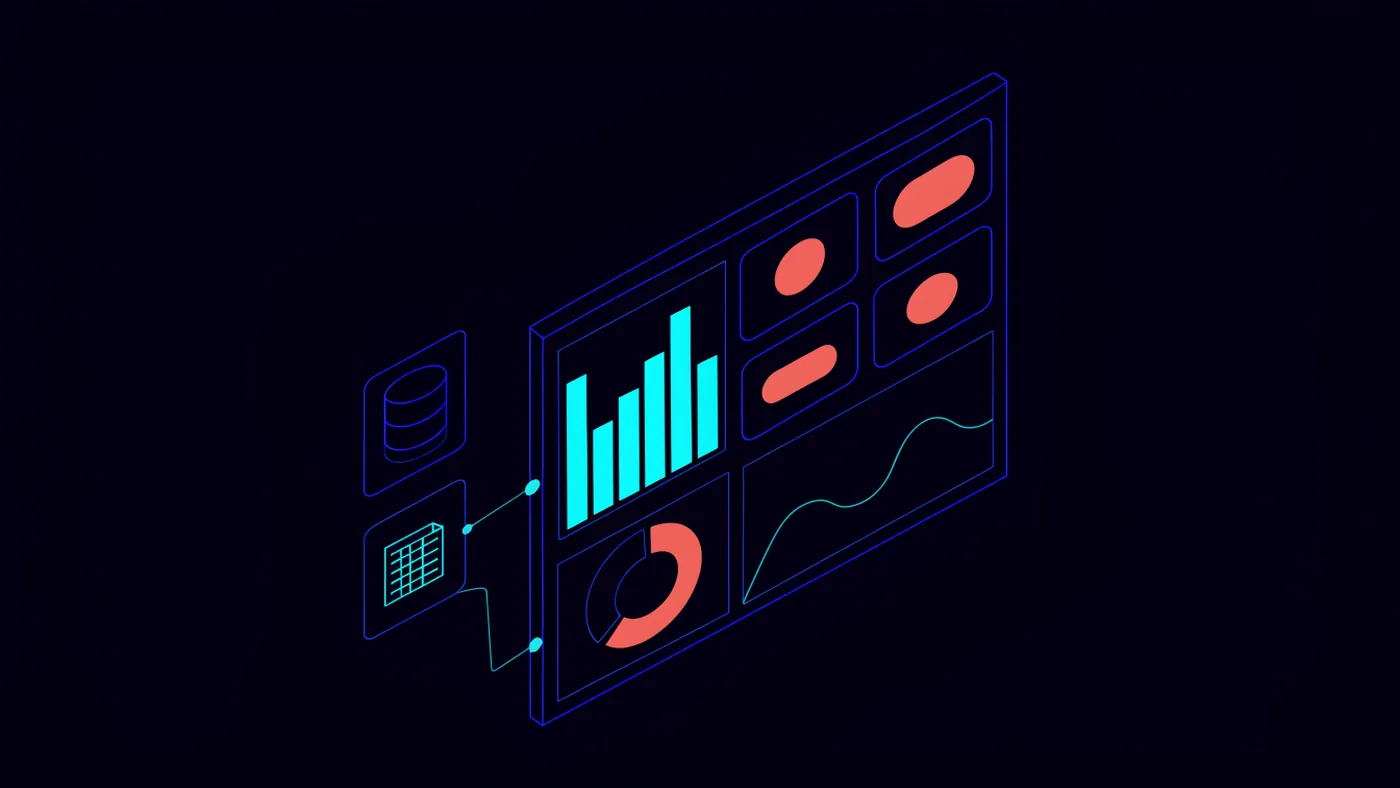 Esquema isométrico en línea de un dashboard con gráficas de barras, anillo y línea, conectado a una base de datos y una hoja de cálculo